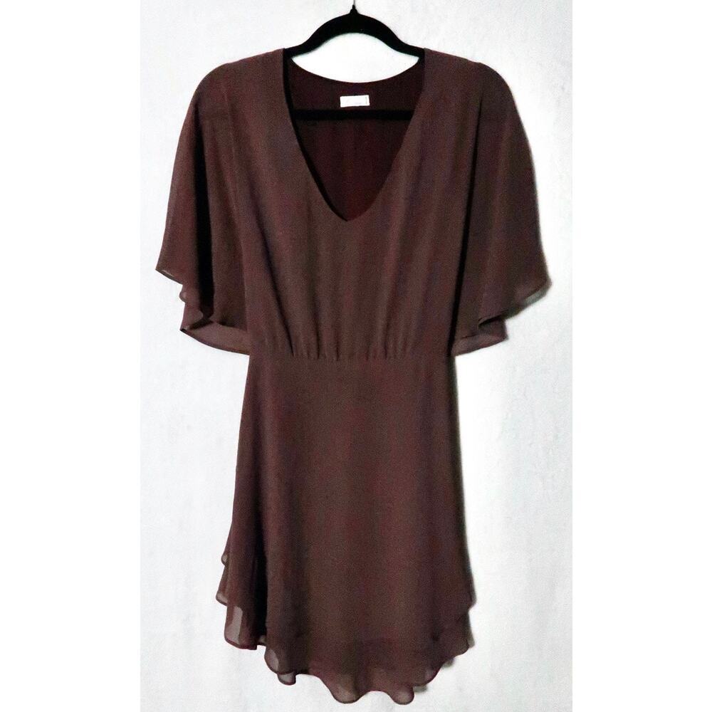 Gentle Fawn Ruffle Bat Sleeve Peasant Mini Shift Dress Small 4 in Eggplant